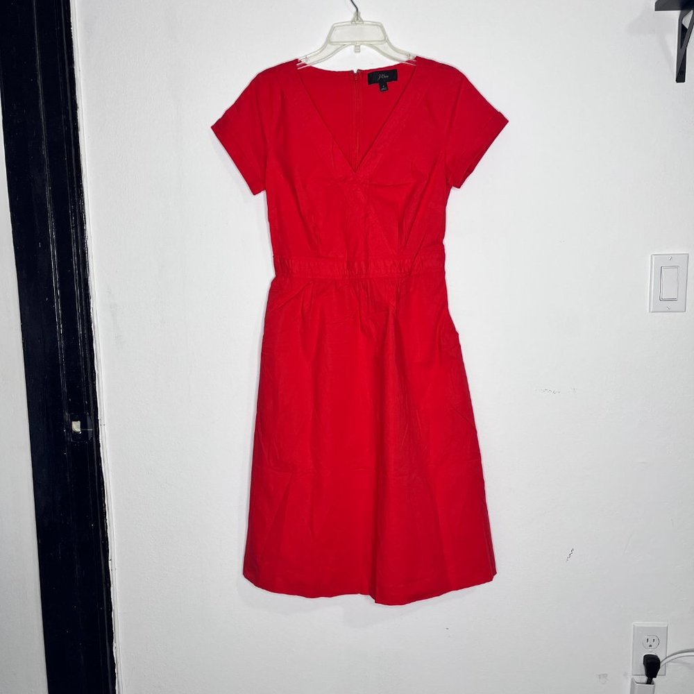 J. Crew Red Cotton V Neck Faux Wrap Poplin Midi Dress Size 2 - Picture 4 of 9